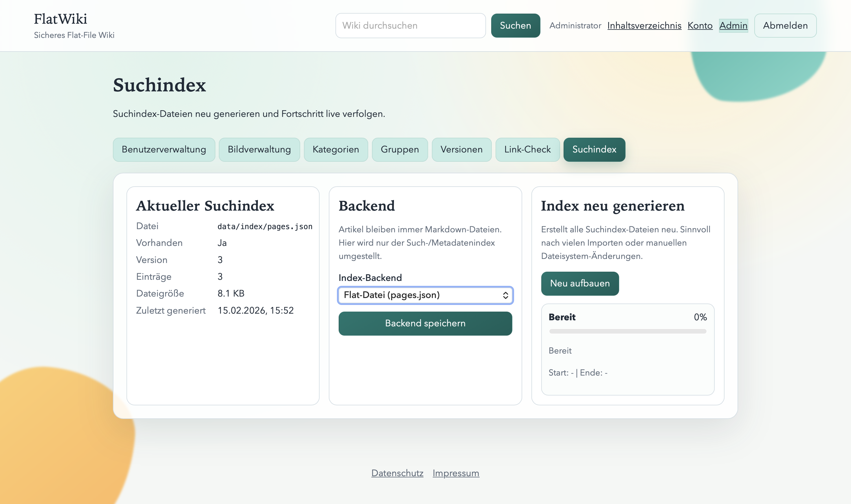 Adminbereich f&uuml;r Suchindex Verwaltung