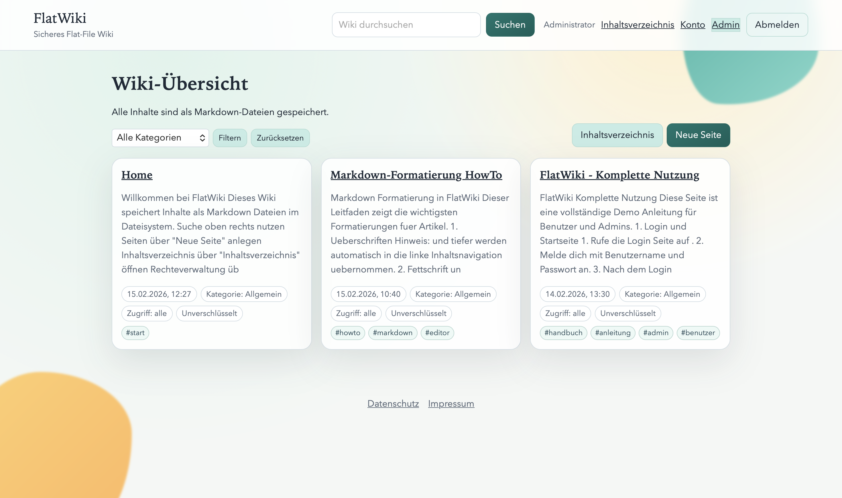 FlatWiki Startseite mit modernem Dashboard